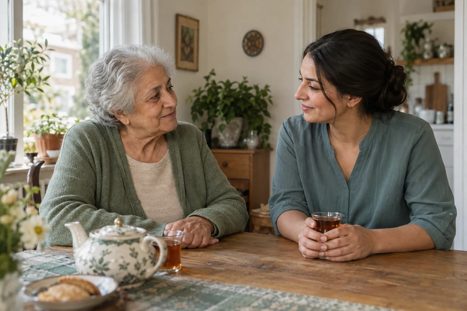 صورة توضيحية لسيدة مسنة ومقدمة رعاية تتحدثان حول المائدة في المنزل